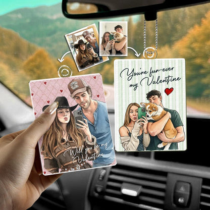 This custom watercolor portrait car accessory is an ideal couple Valentine's gift and car hanging ornament.