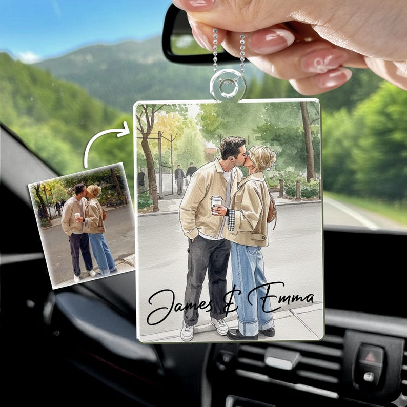 Personalized Valentines Couple Photo Car Hanging Ornament, a custom car mirror charm and treasured couple Valentine's gift.