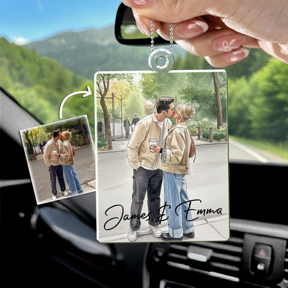 Personalized Valentines Couple Photo Car Hanging Ornament, a custom car mirror charm and treasured couple Valentine's gift.