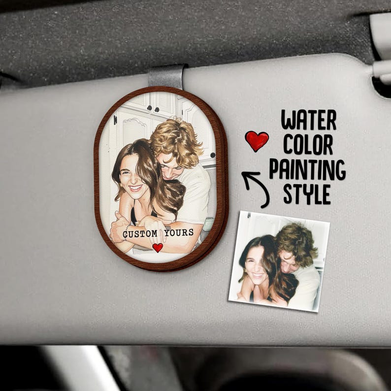This custom watercolor portrait car visor photo frame is an ideal couple valentine's gift and car accessory gift.
