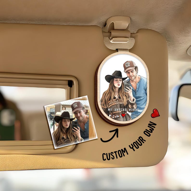 This car visor picture frame, a Personalized Valentines Couple Photo Wooden Visor Clip, serves as a beautiful car visor photo clip.