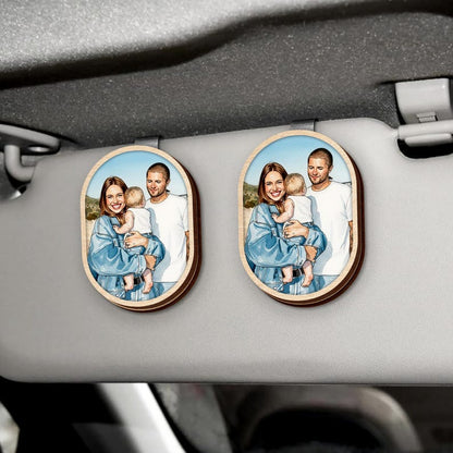 An elegant custom watercolor portrait, the Personalized Valentines Wooden Visor Clip is a unique sun visor picture frame.