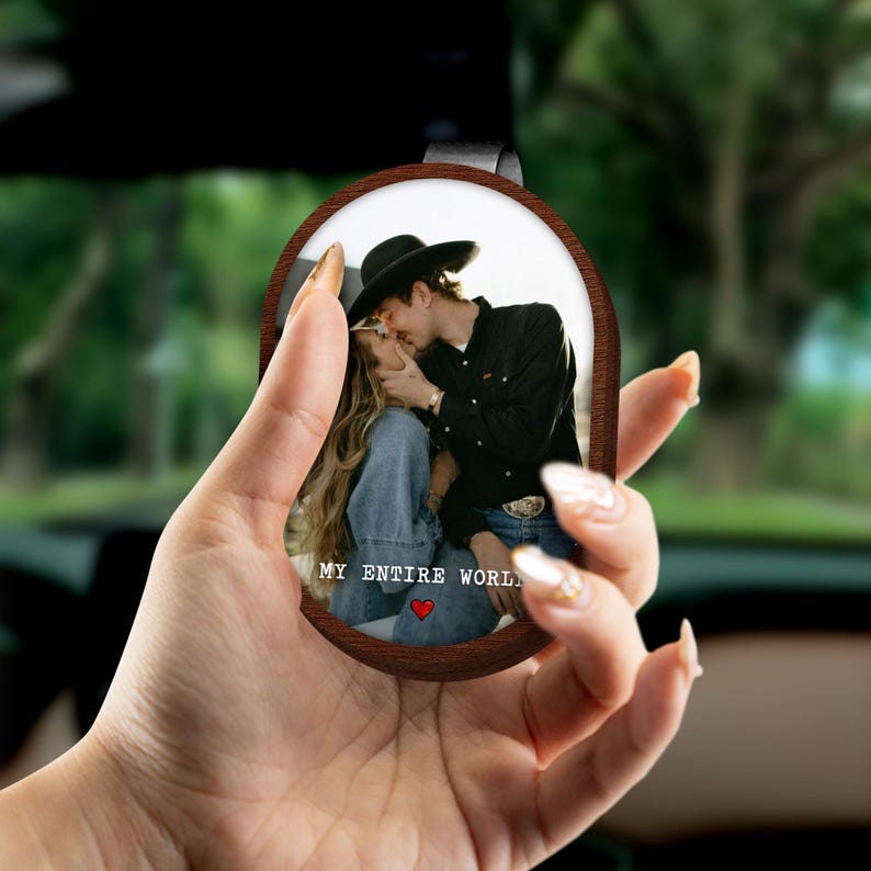 Personalized Valentines Couple Photo Wooden Visor Clip, a custom car mirror charm alternative and treasured drive safe gift.