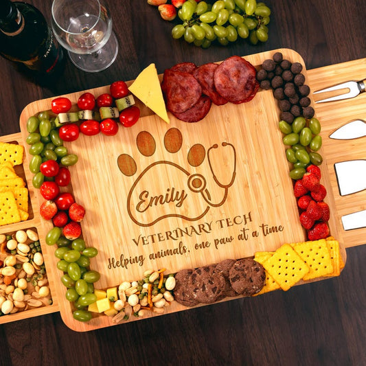 Personalized Veterinary Tech Bamboo Charcuterie Board, a perfect custom gift for Vet Tech Appreciation Week.