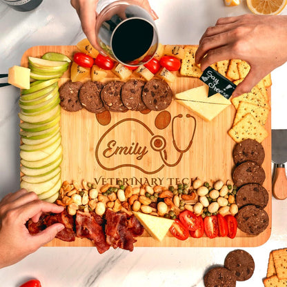 A complete Personalized Veterinary Tech Bamboo Charcuterie Board set with tools, an ideal personalized vet tech gift.