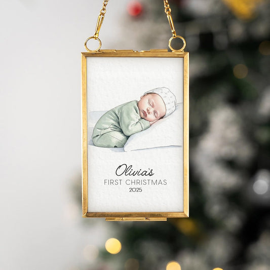 A Personalized Watercolor Baby Portrait Frame Ornament, a beautiful watercolor Christmas ornament and photo frame ornament.