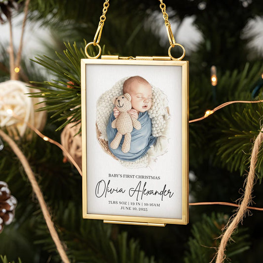 A Personalized Watercolor Baby's First Christmas Frame Ornament, a beautiful watercolor Christmas ornament and photo frame ornament.