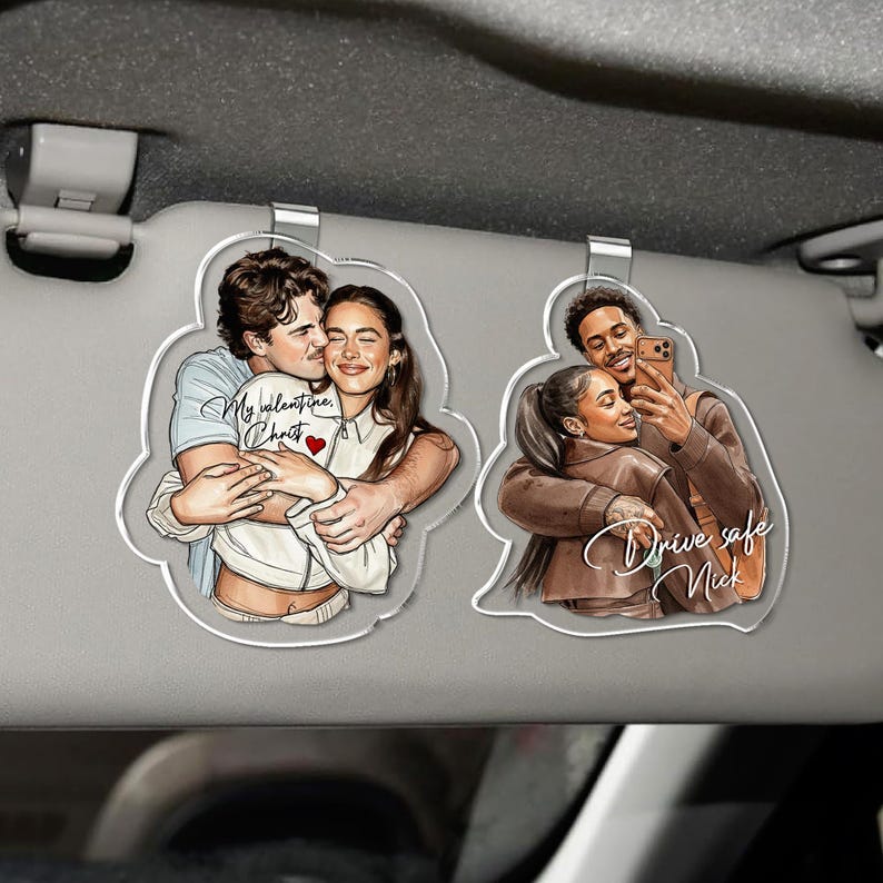 The perfect Valentine's gifts for him, the Personalized Watercolor Couple Photo Car Hanging Ornament is a custom car mirror charm.