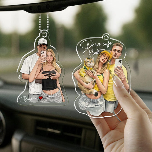 Personalized Watercolor Couple Photo Car Hanging Ornament, a unique custom rear view mirror hanger and perfect Valentine's gift for him.