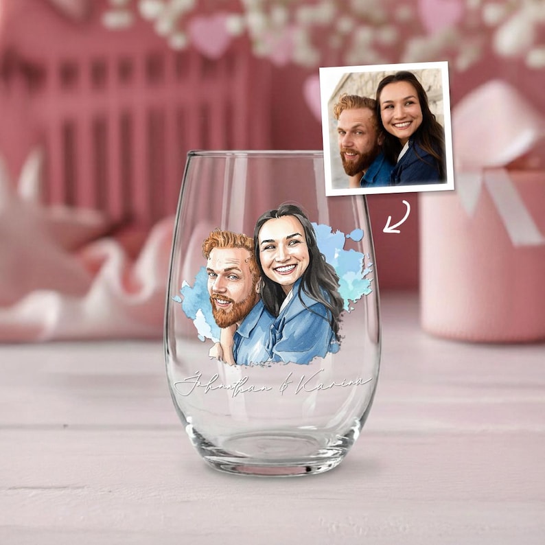 Personalized Watercolor Couple Photo Wine Glass