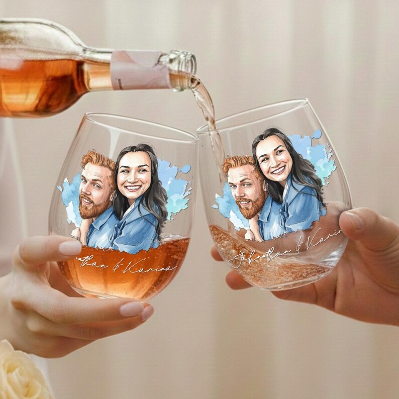 Personalized Watercolor Couple Photo Wine Glass