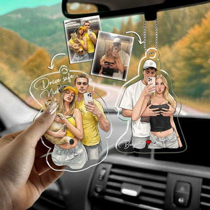 The perfect Valentine's gifts for him, the Personalized Watercolor Couple Portrait Car Visor Clip is a custom car mirror charm.