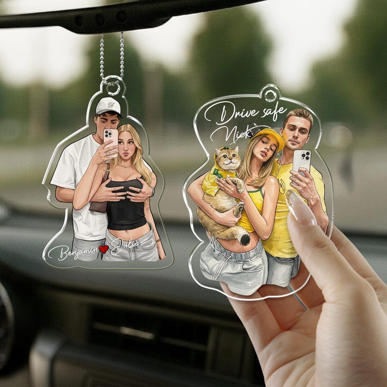 A unique car accessory gift, this Personalized Watercolor Couple Portrait Car Visor Clip serves as a lovely rear view mirror accessory.