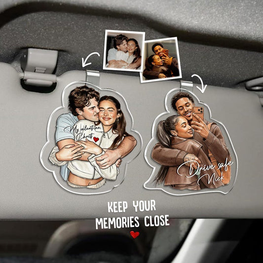 Personalized Watercolor Couple Portrait Car Visor Clip, a unique car visor clip and perfect Valentine's gift for him.