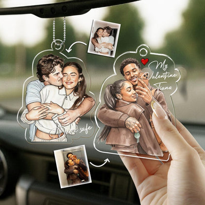Personalized Watercolor Couple Portrait Car Visor Clip, a custom car mirror charm and treasured couple Valentine's gift.