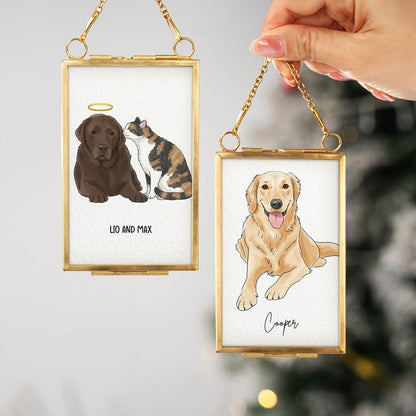 A Personalized Watercolor Dog Photo Golden Frame Ornament, a unique watercolor Christmas ornament and perfect dog mom gift.