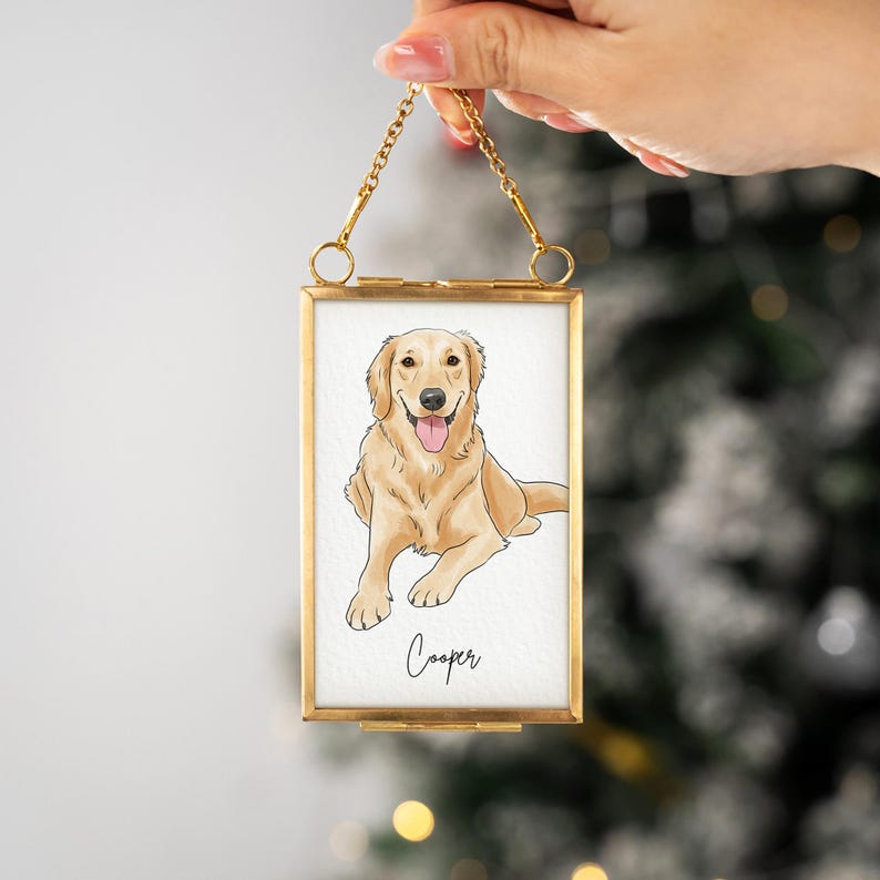An elegant personalized pet ornament, the Personalized Watercolor Dog Photo Golden Frame Ornament is a thoughtful gift for dog owners.