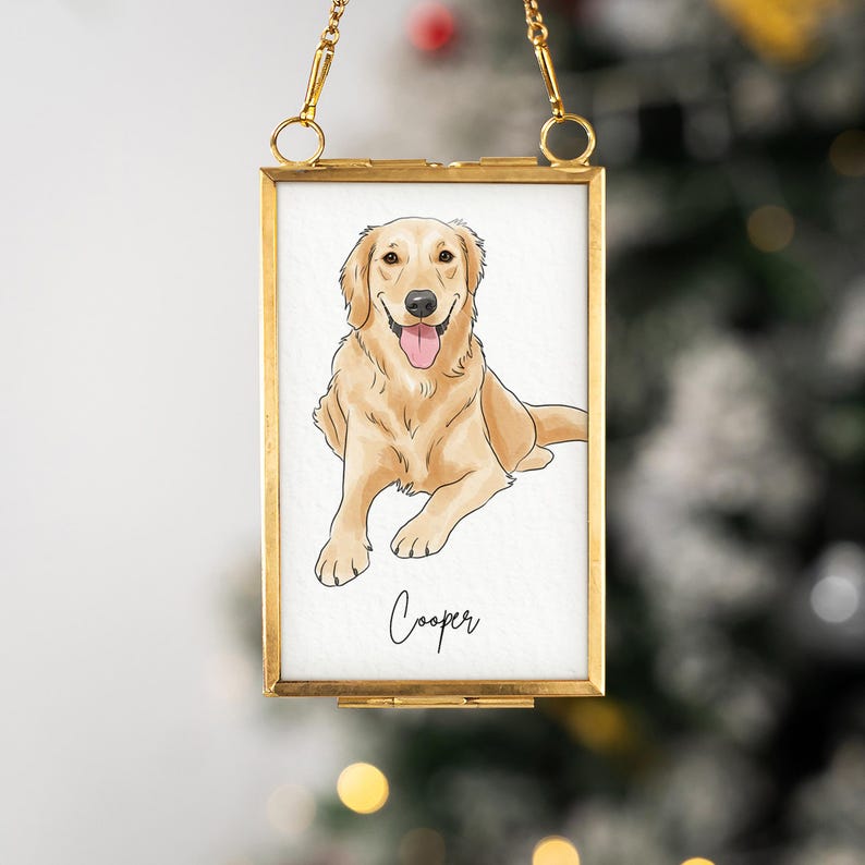 Personalized Watercolor Dog Photo Golden Frame Ornament, a custom photo frame ornament and treasured dog lover gift.