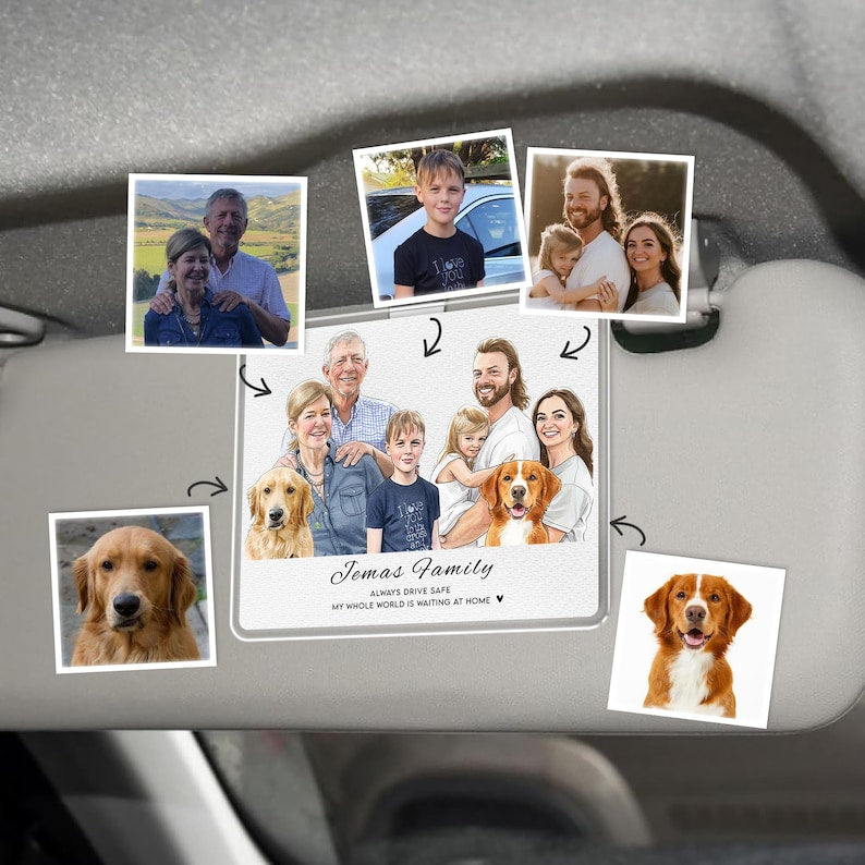 Personalized Watercolor Family Photo Car Visor Clip, a unique car visor picture frame and perfect personalized car visor clip.