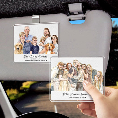 The perfect rear view mirror accessory, this Personalized Watercolor Family Photo Car Visor Clip is a thoughtful car accessory gift.