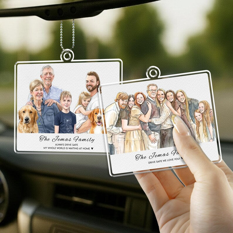 This car visor picture frame, a Personalized Watercolor Family Photo Car Visor Clip, serves as a beautiful drive safe gift.