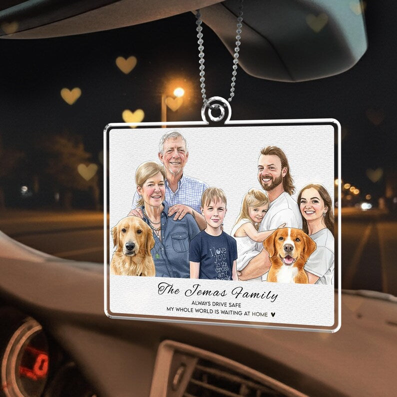 An elegant custom watercolor portrait, the Personalized Watercolor Family Photo Car Visor Clip is a unique car accessory gift.
