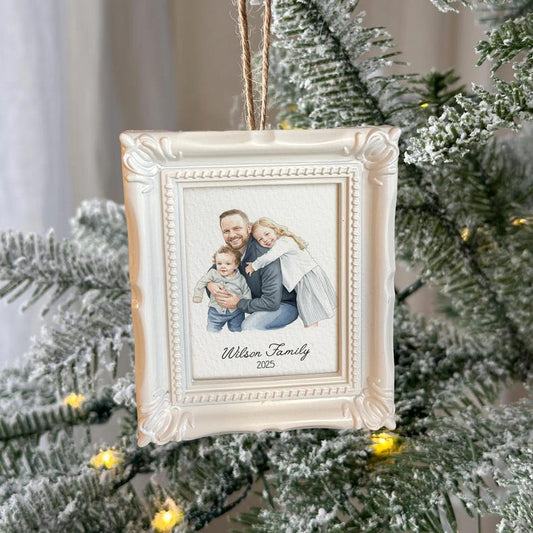 A Personalized Watercolor Family Photo Frame Ornament, a beautiful watercolor Christmas ornament and perfect family gift for Christmas.