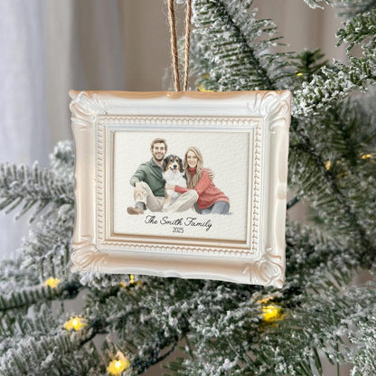 This custom photo ornament is a Personalized Watercolor Family Photo Frame Ornament, an ideal personalized family ornament for the holidays.