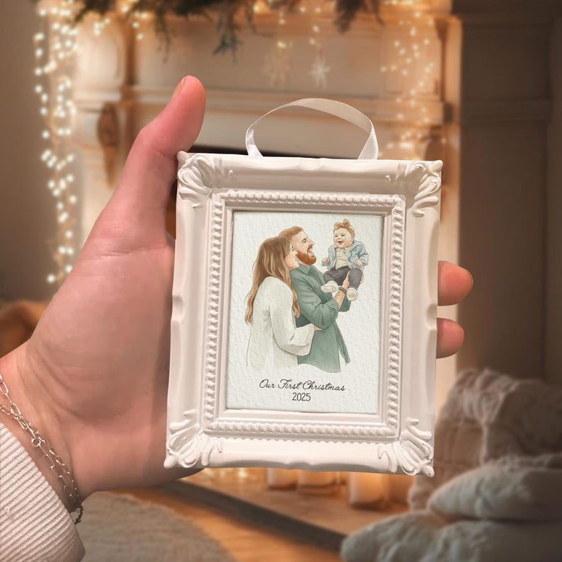 A beautiful photo frame ornament, the Personalized Watercolor Family Photo Frame Ornament is a unique personalized family ornament for the tree.