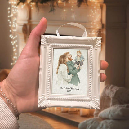 A beautiful photo frame ornament, the Personalized Watercolor Family Photo Frame Ornament is a unique personalized family ornament for the tree.