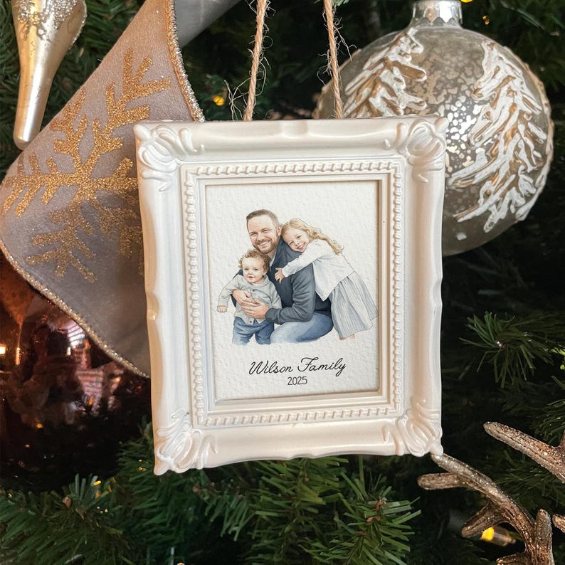 This custom photo ornament is a Personalized Watercolor Family Photo Frame Ornament, a beautiful addition to your watercolor Christmas ornaments collection.