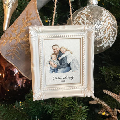 This custom photo ornament is a Personalized Watercolor Family Photo Frame Ornament, a beautiful addition to your watercolor Christmas ornaments collection.