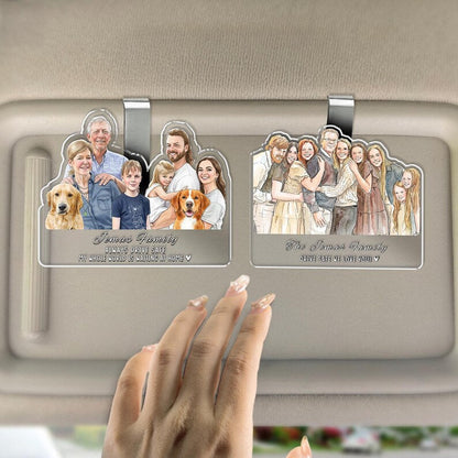 The perfect rear view mirror accessory, this Personalized Watercolor Family Portrait Car Visor Clip is a thoughtful car accessory gift.