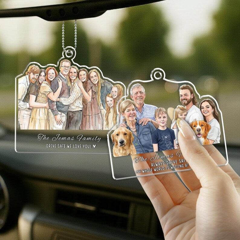 Custom car mirror charms style design, the Personalized Watercolor Family Portrait Car Visor Clip is a meaningful valentines gift for him.