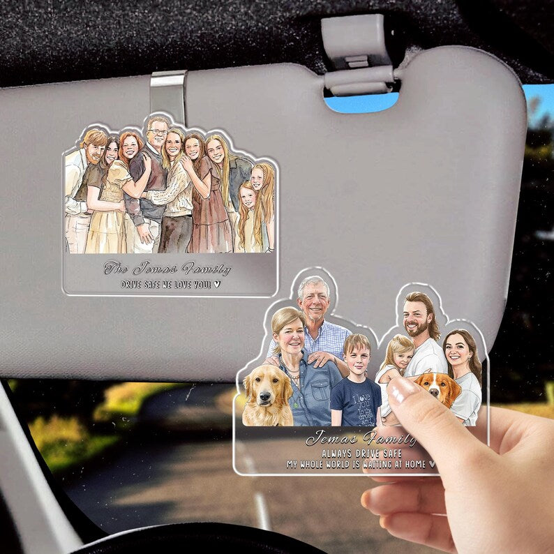 This car visor picture frame, a Personalized Watercolor Family Portrait Car Visor Clip, serves as a beautiful drive safe gift.