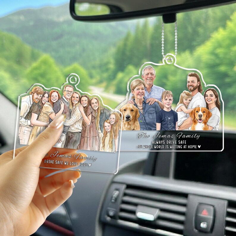 An elegant custom watercolor portrait, the Personalized Watercolor Family Portrait Car Visor Clip is a unique car accessory gift.