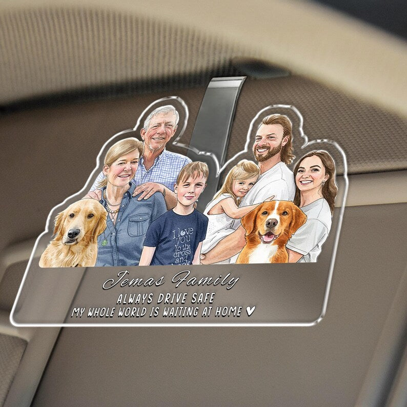 Personalized Watercolor Family Portrait Car Visor Clip, a custom car mirror charm alternative and treasured personalized car visor clip.