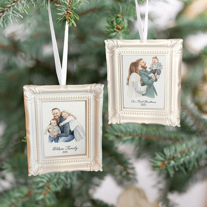 This custom photo ornament is a Personalized Watercolor Family Portrait Frame Ornament, an ideal personalized family ornament for the holidays.