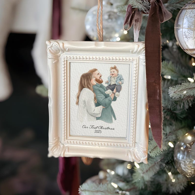 A close-up of a personalized family ornament, the Personalized Watercolor Family Portrait Frame Ornament features a unique custom photo ornament.