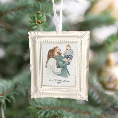 Personalized Watercolor Family Portrait Frame Ornament, a unique photo frame ornament that serves as a treasured personalized family ornament.