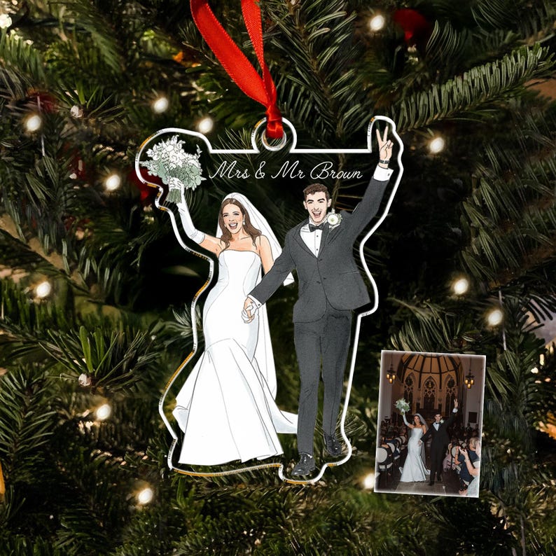 A Personalized Watercolor First Christmas Married Ornament, a beautiful watercolor Christmas ornament and couple ornament.