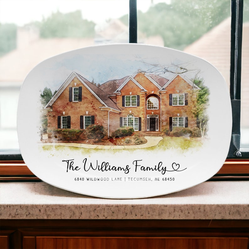 A Personalized Watercolor First Home Platter, a unique house warming gift and perfect first home gift idea.