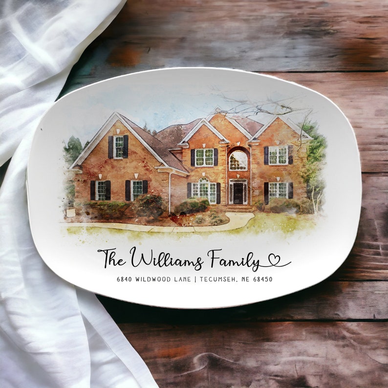 A close-up of the Personalized Watercolor First Home Platter, featuring a beautiful watercolor house portrait.