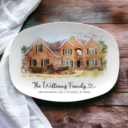 A close-up of the Personalized Watercolor First Home Platter, featuring a beautiful watercolor house portrait.
