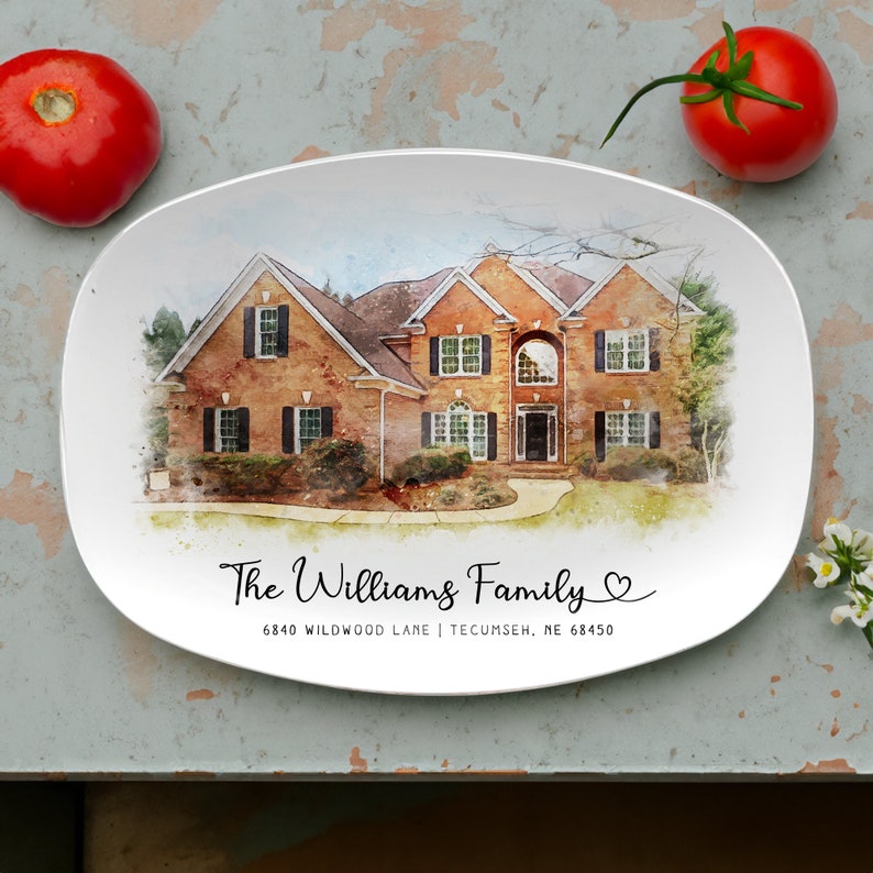 The ideal first home gifts, this Personalized Watercolor First Home Platter is a lovely custom platter and house warming gift.