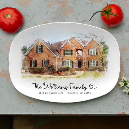 The ideal first home gifts, this Personalized Watercolor First Home Platter is a lovely custom platter and house warming gift.