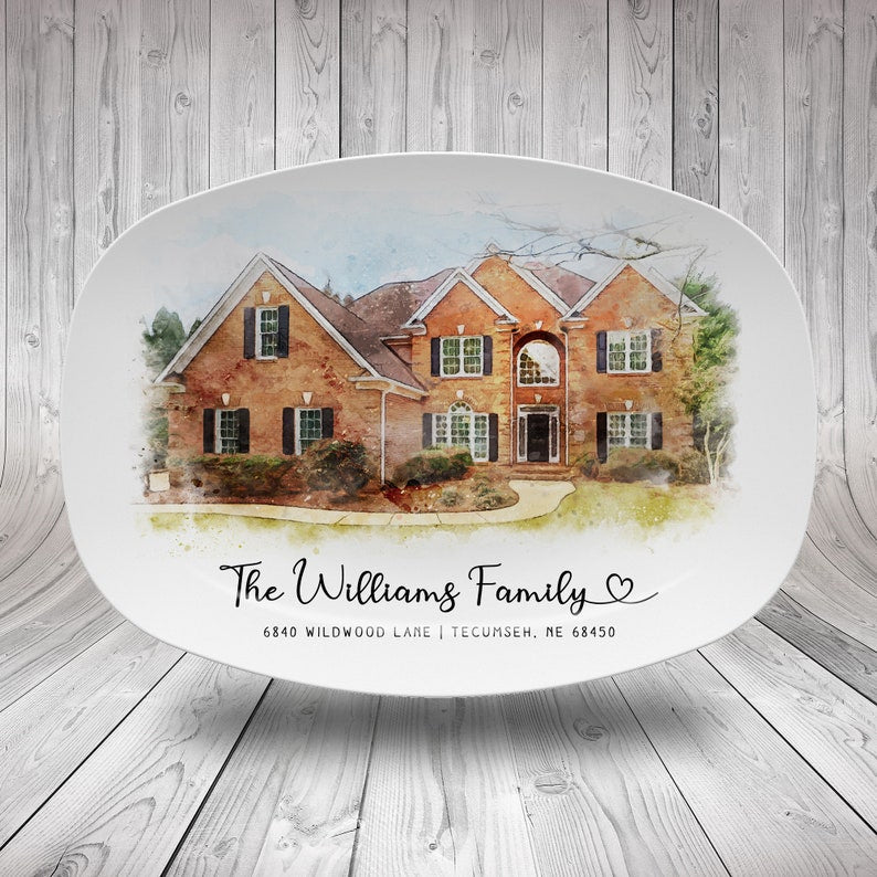 A custom recipe platter (design) for a new home, the Personalized Watercolor First Home Platter is a unique custom platter.