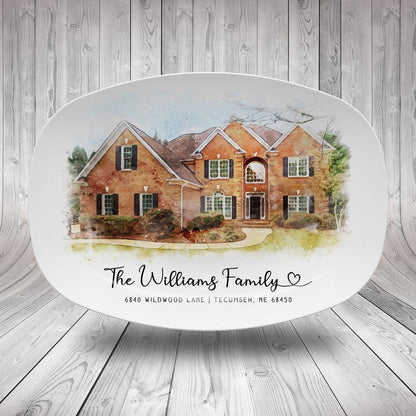 A custom recipe platter (design) for a new home, the Personalized Watercolor First Home Platter is a unique custom platter.