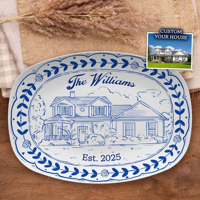 A Personalized Watercolor House Photo Platter, a unique custom house platter and perfect house warming gift.