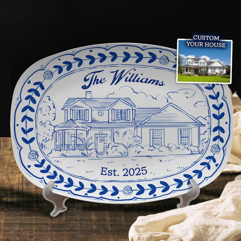 This custom platter, a Personalized Watercolor House Photo Platter, features a stunning custom watercolor house portrait.